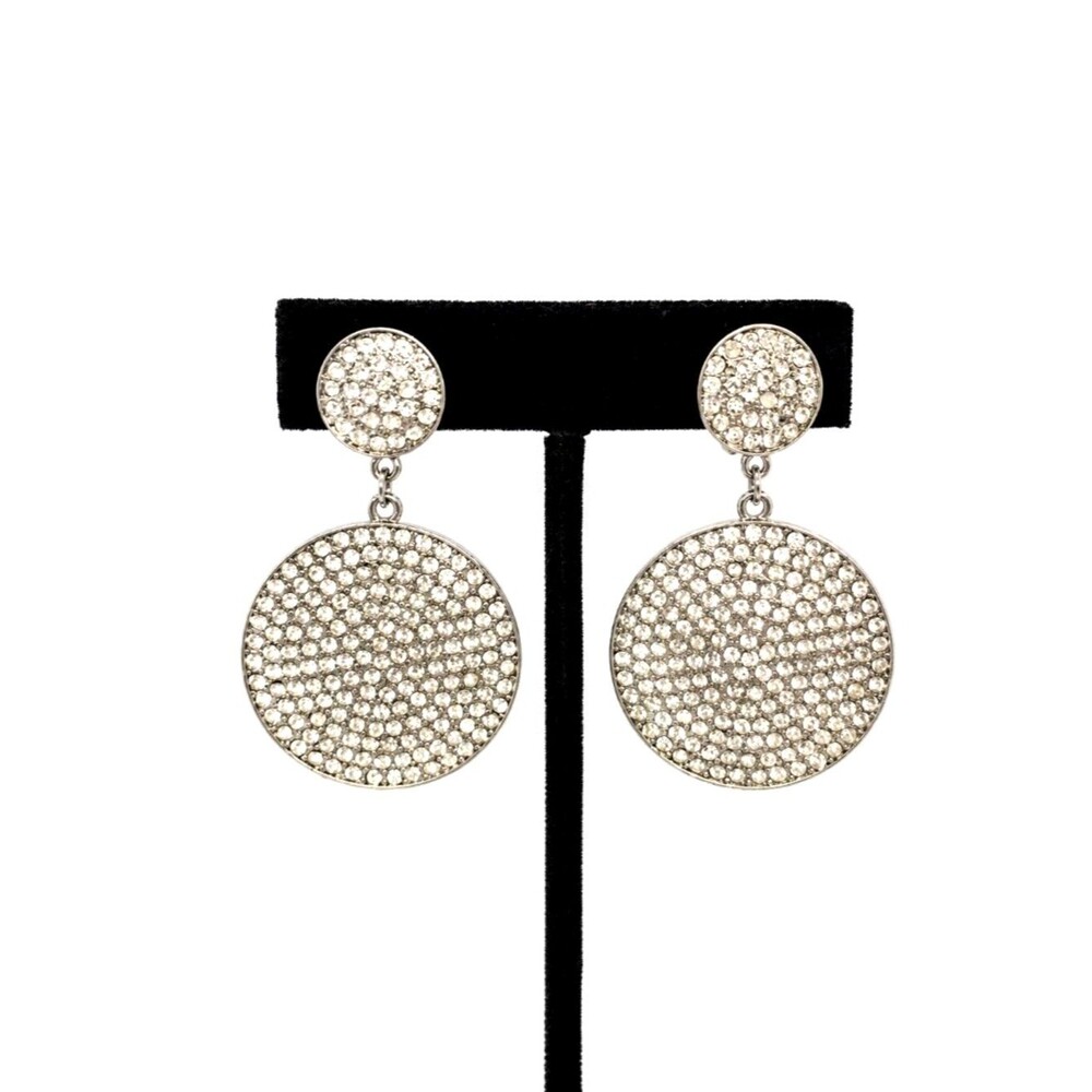Vintage Rhinestone Earrings Pave Circle Dangle Silver Tone Disco Glam Clip On